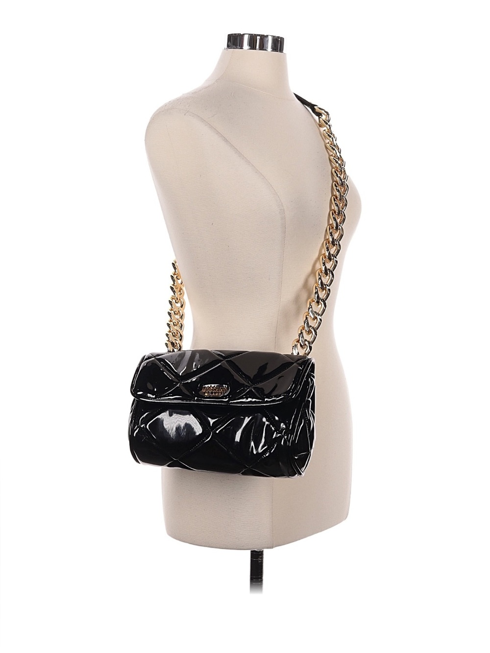 MOSCHINO Black Quilted Patent leather Crossbody with chunky Gold Chain